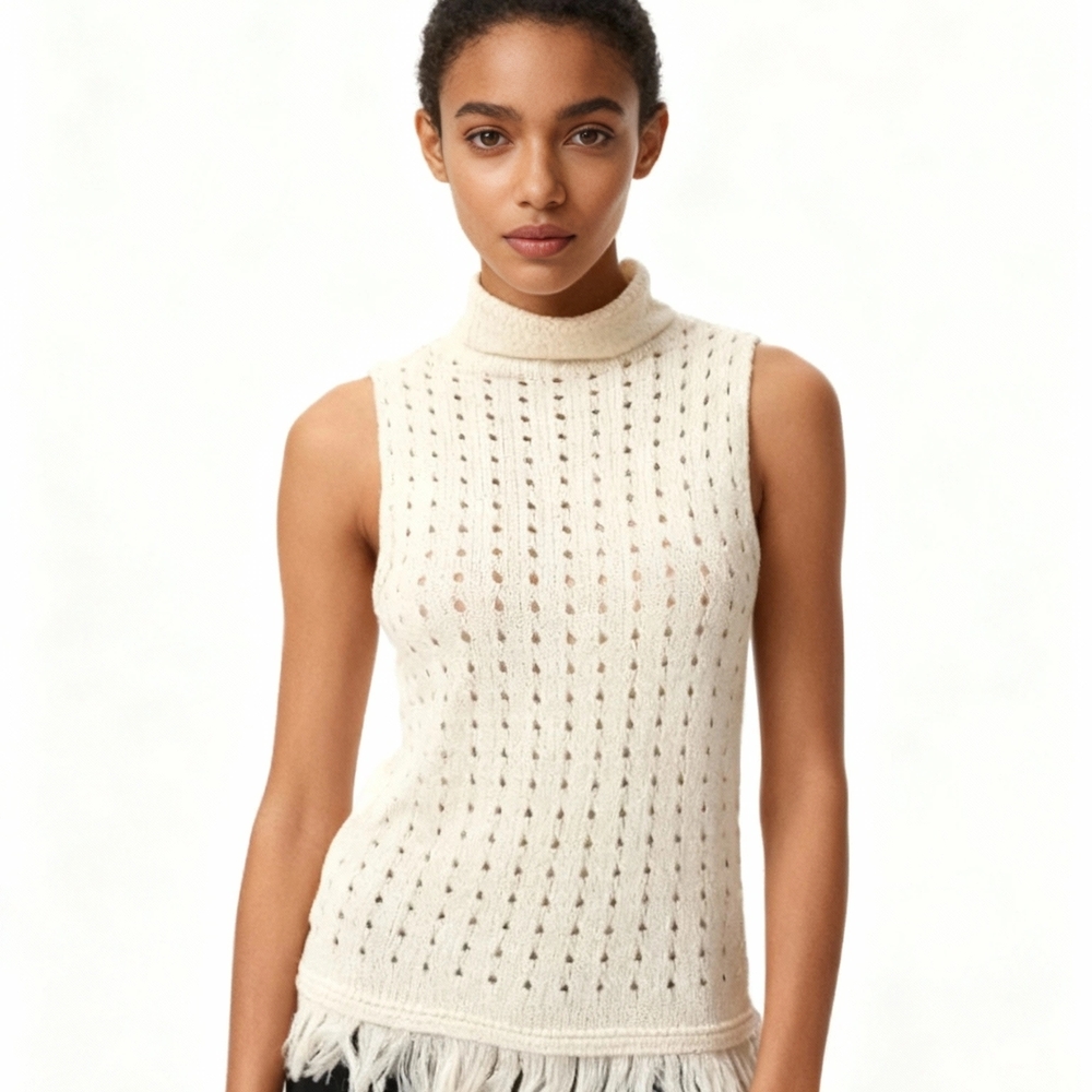 Sleeveless Cream Sweater with Fringe